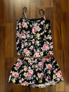 American Beach Floral Two-Piece Cami and Skirt Swim Suit Set Size XL